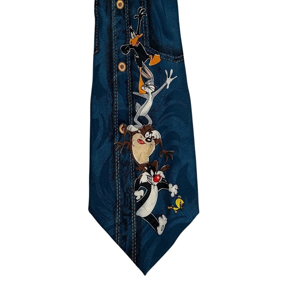 1997‎ Looney Tunes Denim Shirt Illusion Tie Bugs Bunny Sylvester Taz Daffy Silk
